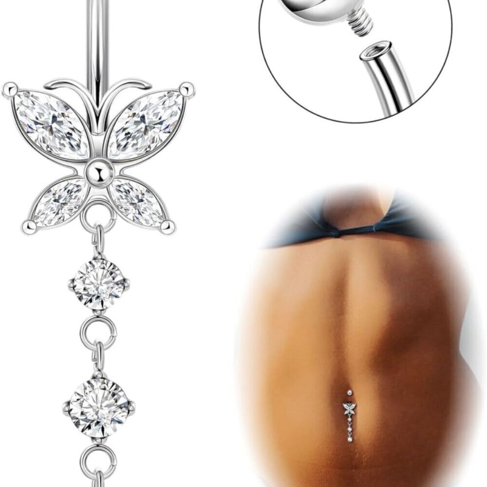 14G Titanium Dangle Belly Button Ring Butterfly CZ Hypoallergenic Jewelry
